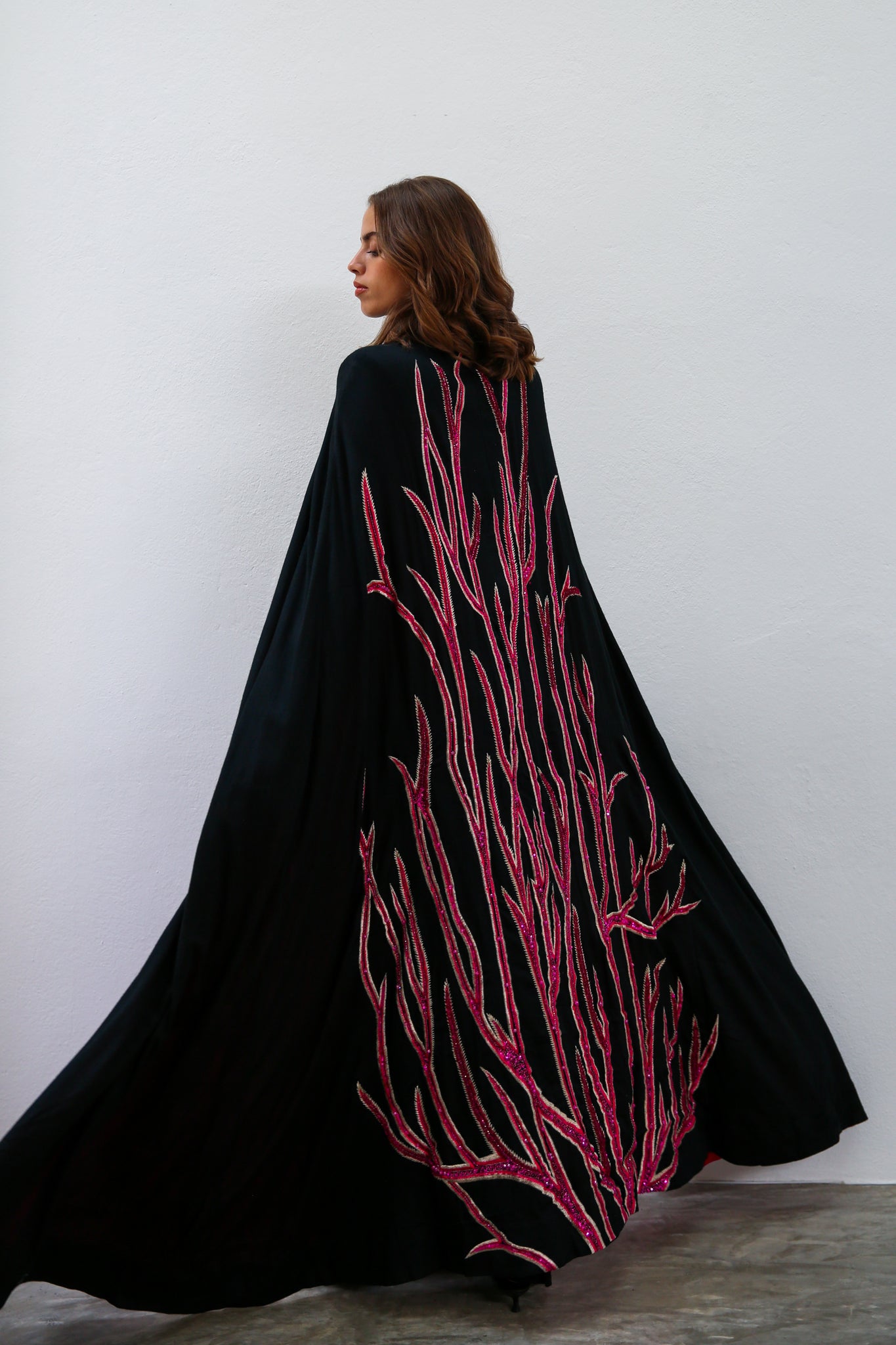 Alara Hand Embroidered Silk Cape Black And Pink