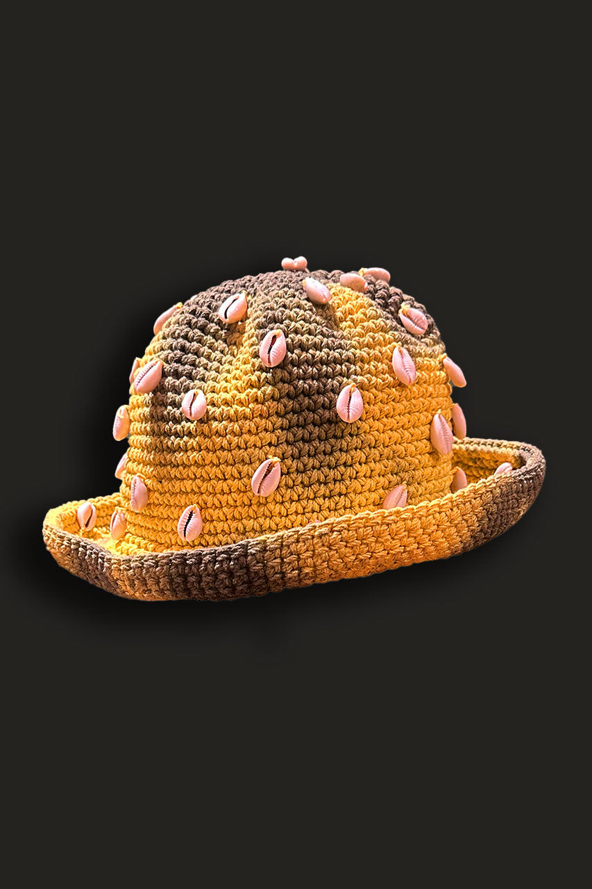 Pora Crochet Bucket Hat With Seashells Yellow Tye Dye