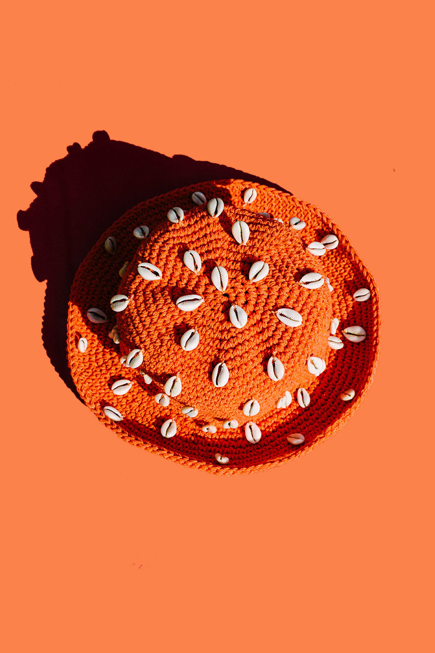 Pora Crochet Bucket Hat With Seashells Orange