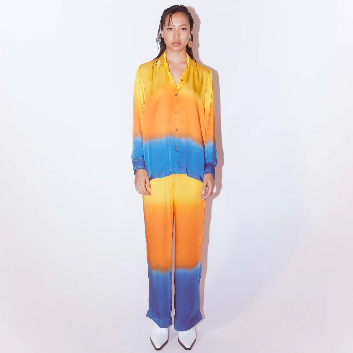 Ocean Leheriya Full Silk Set - Tye Dye Yellow To Blue