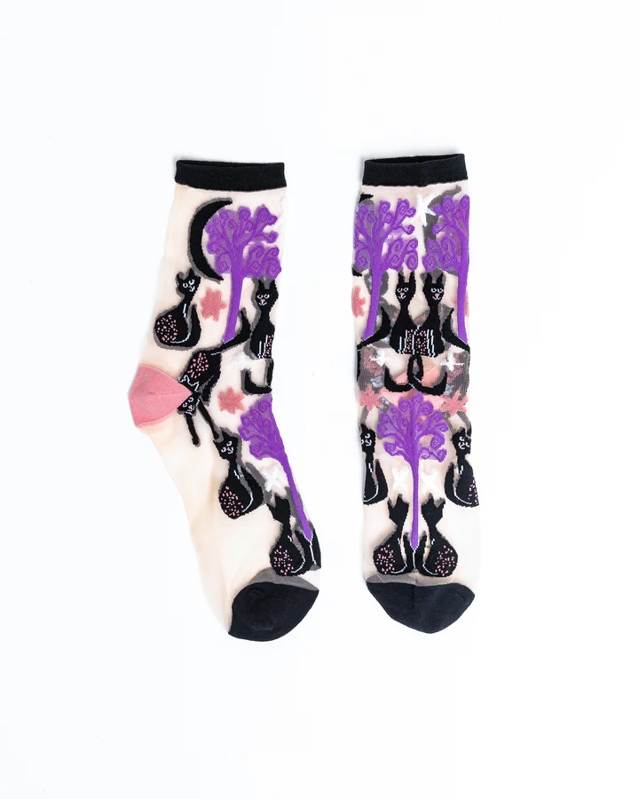 Nocturnal Halloween Cats Sheer Crew Sock - Halloween Fashion