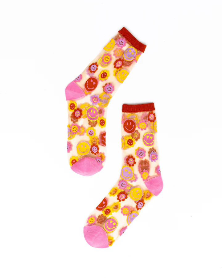 Smiley Face Daisy Sheer Crew Sock