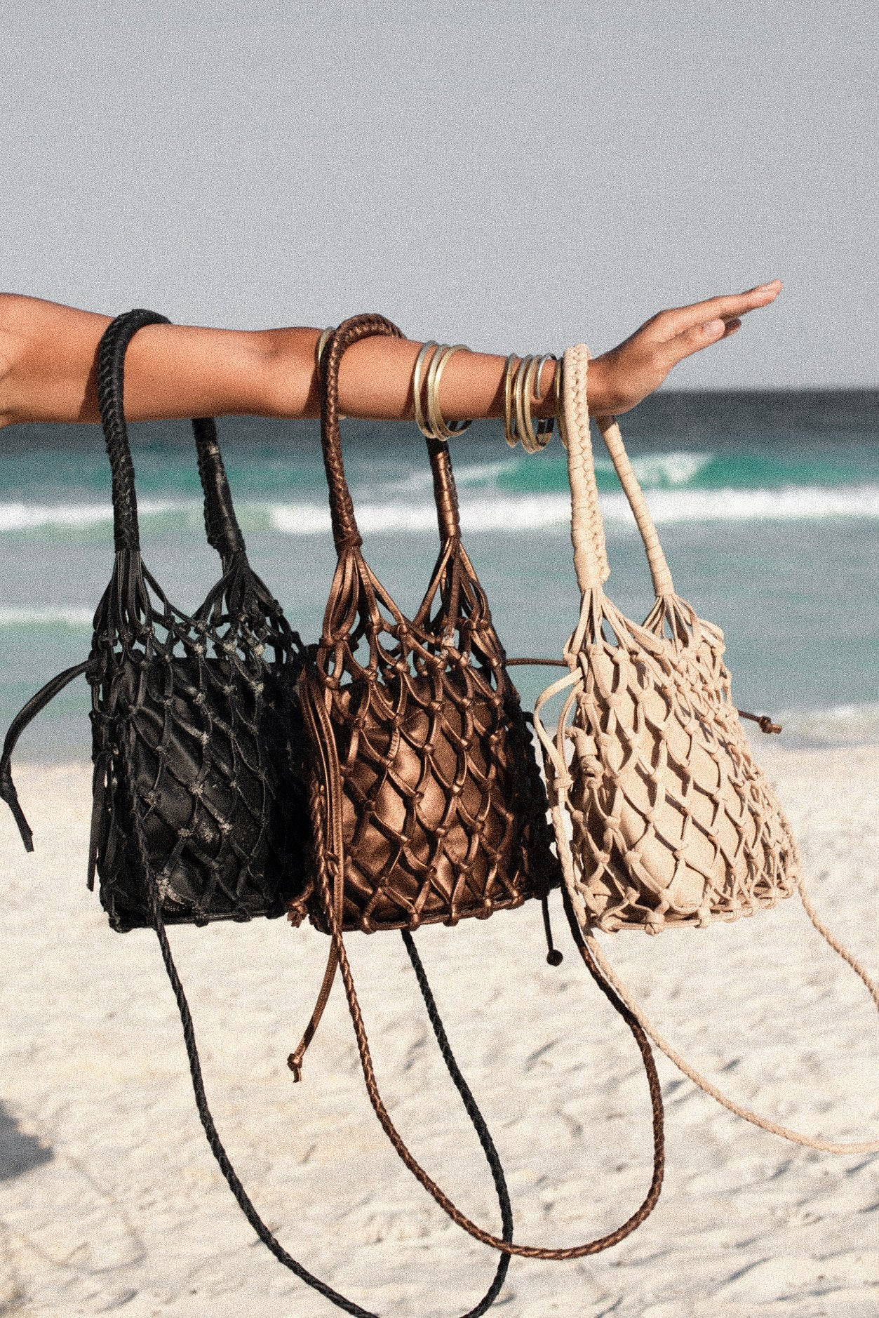 Maia Leather Net Purse in Sand