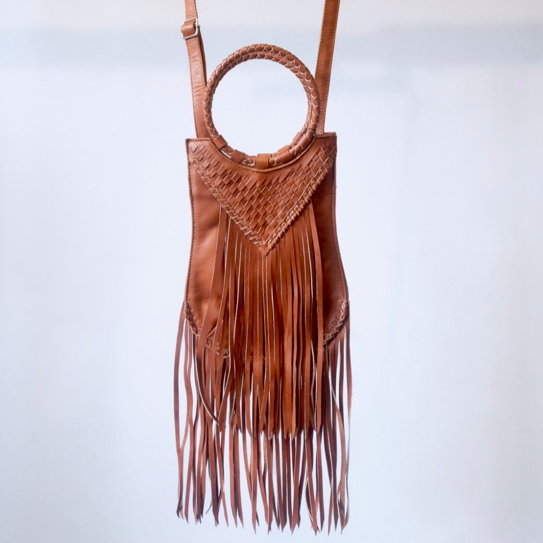 Long Fringe Woven Purse in Tan