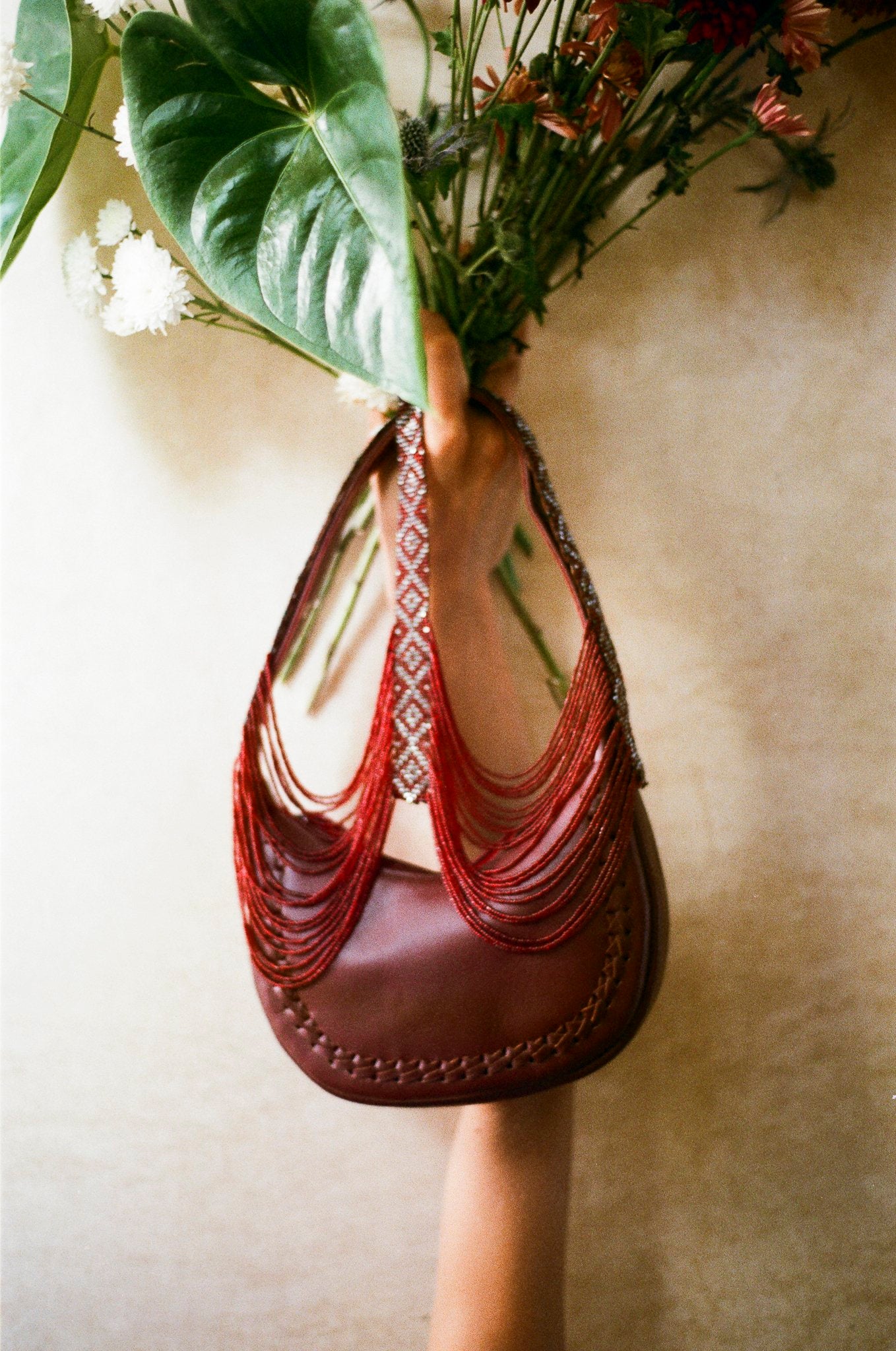 Burgundy Beaded Half Moon Purse