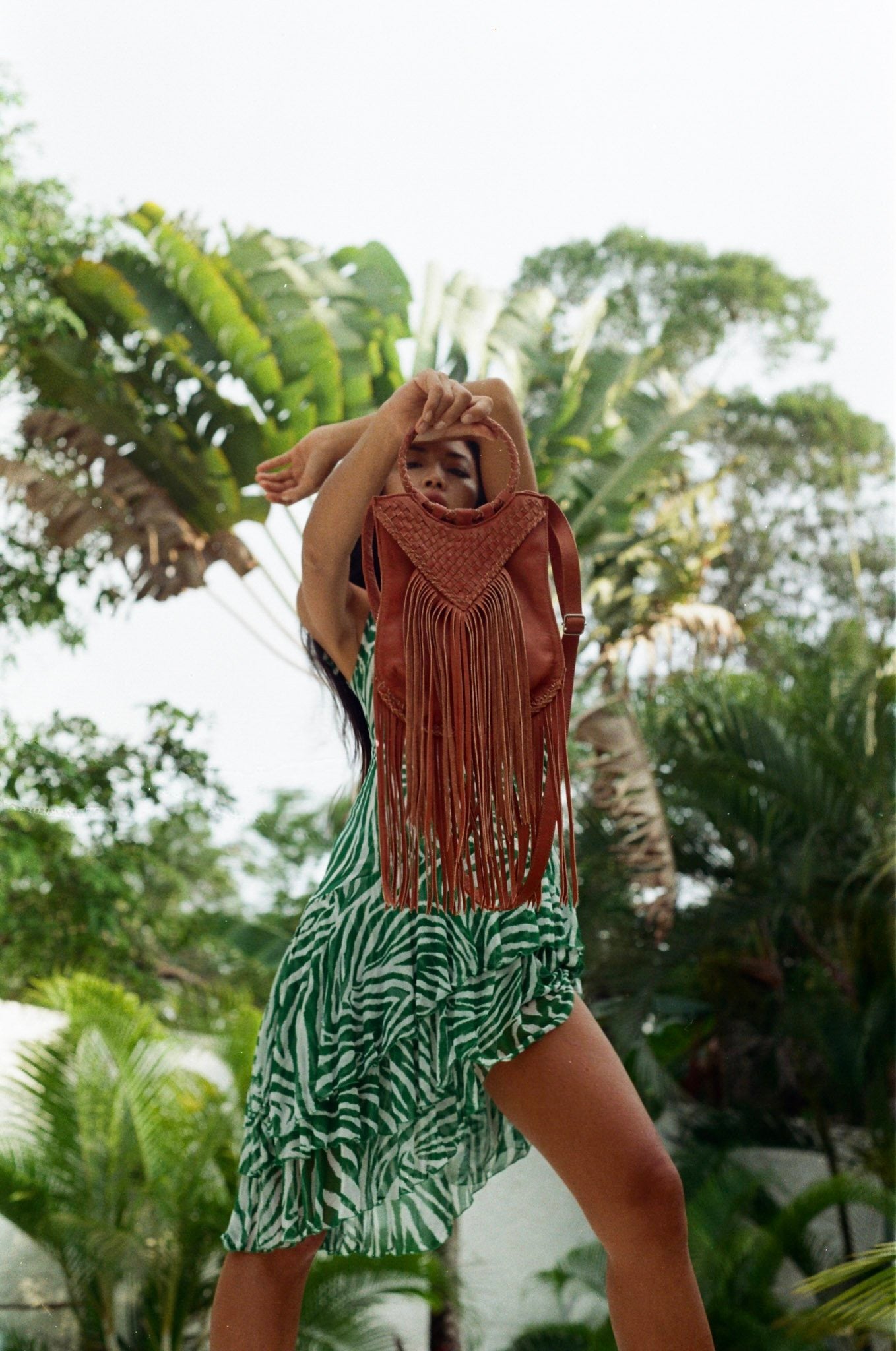 Long Fringe Woven Purse in Tan