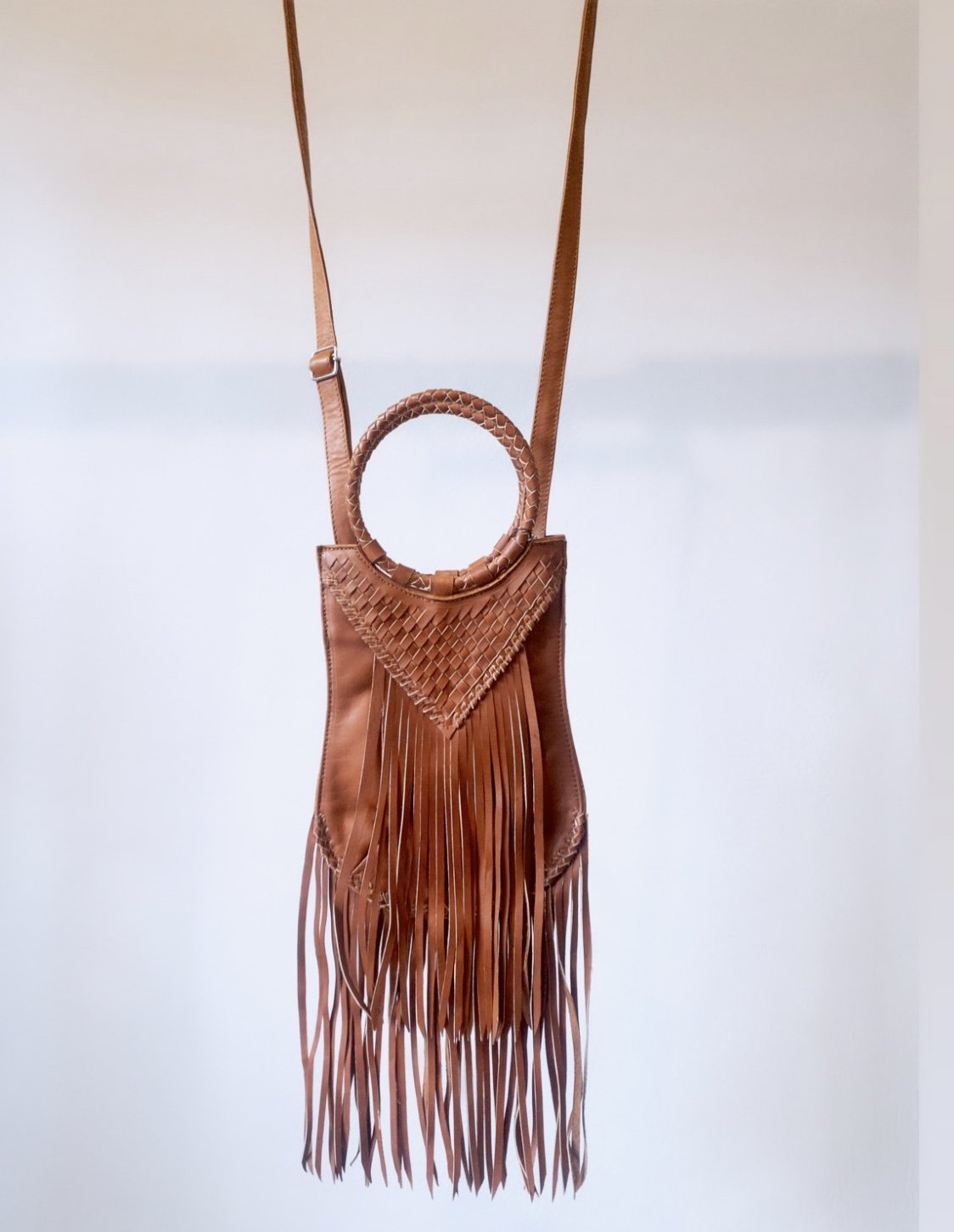 Long Fringe Woven Purse in Tan