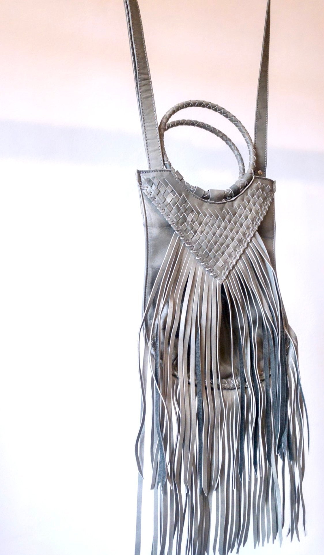 Long Fringe Woven Purse in Grey