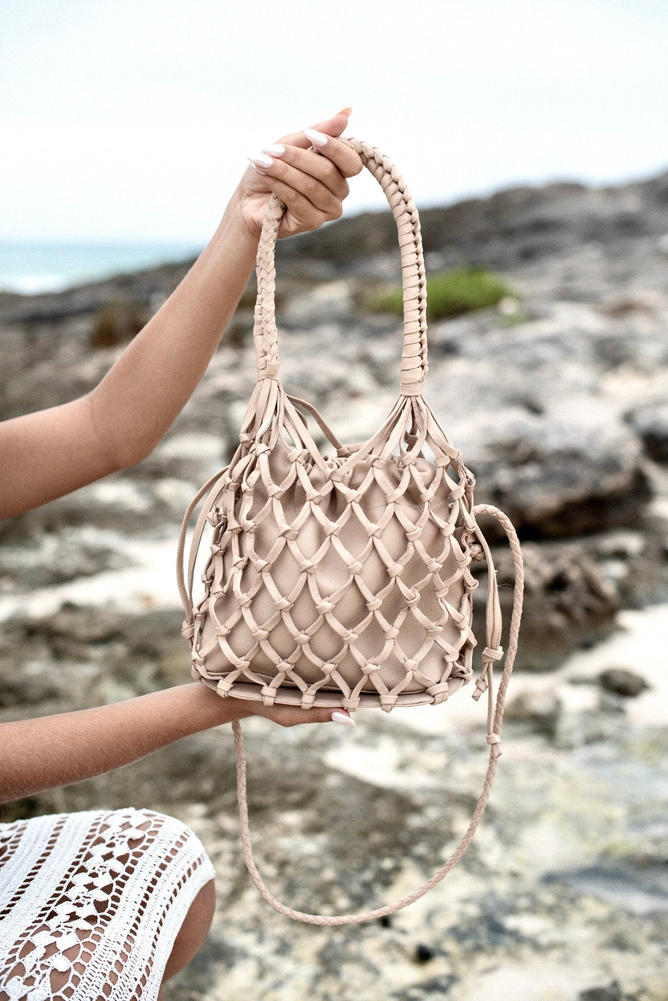 Maia Leather Net Purse in Sand